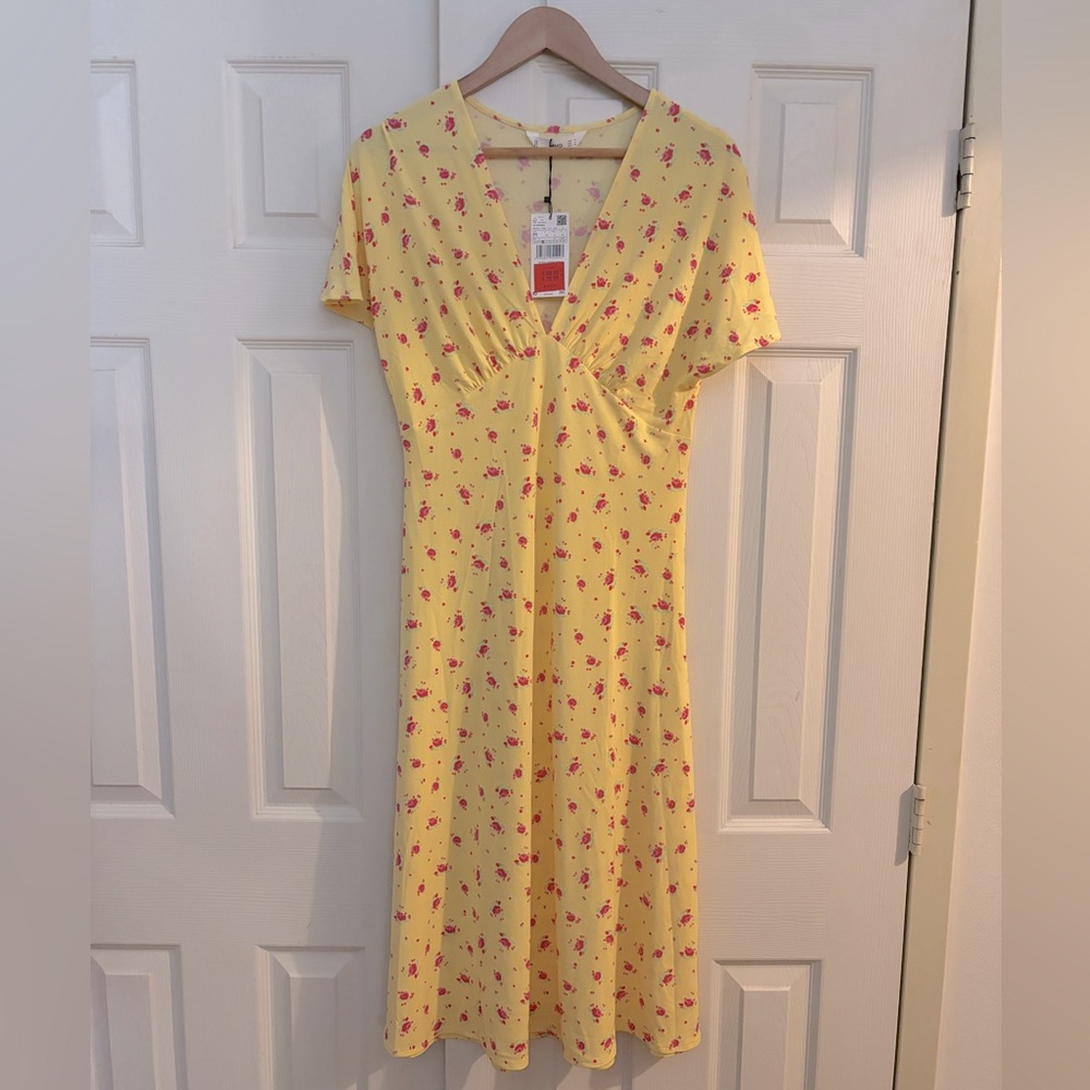 MANGO yellow & pink floral print dress, size M.  Brand new w/tags!